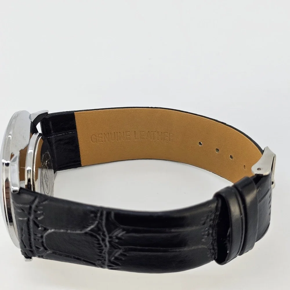 42MM Men's Watch‎ Roman Numerals Tan Dial Black Leather Bands New Battery